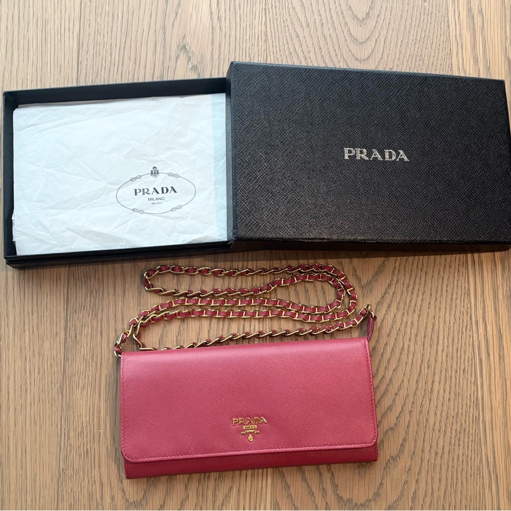 Prada Pink Leather Chain Wallet Crossbody